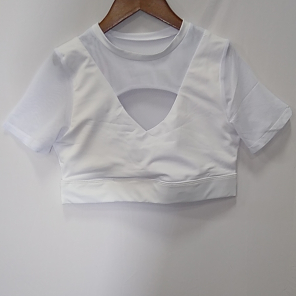 Mesh Patchwork Hollow Out Short Sleeve Yoga Top - Picture 2 of 3